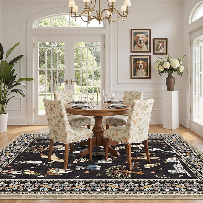 Black Dogs Area Rugs 9x12 Living Room Washable Rug Non Slip Floral Low Pile Large Rug for Living Room, Bedroom, Farmhouse, Dining Room, Kids Playroom
