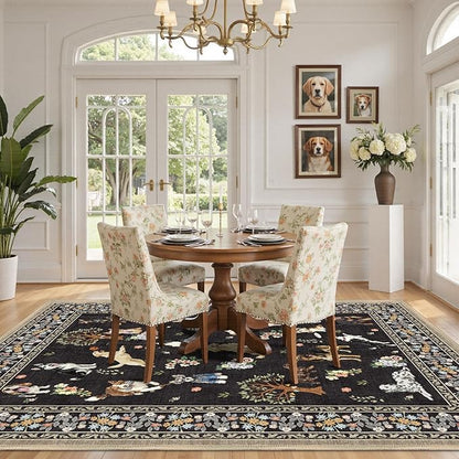 Floral Washable 6x9 Dogs Area Rugs, Soft Black Bedroom Rug for Living Room Ultra-Thin Non Slip Dining Room Rug, Stain Resistant Rugs Easy Clean Throw Carpet for Office (6 x 9, Black)