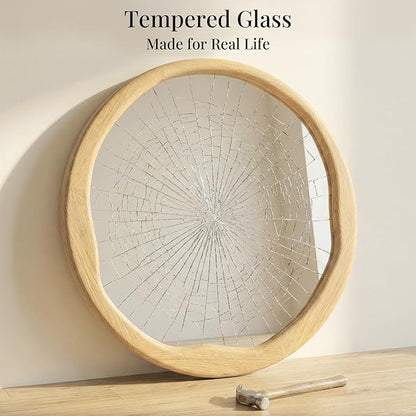 Natural Wood Round Mirror 24 Inch, Solid Wood Framed Wall Mirror with Irregular Wavy Inner Edge for Bathroom Vanity, Bedroom & Boho Decor