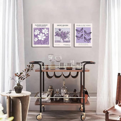 Van Gogh Canvas Wall Art Set of 3, Purple Lavender Flower Market Wall Decor Paintings, Picasso Butterfly Aesthetic Posters Prints Room Decor for Teen Girls Dorm Bedroom Bathroom 12x16In Framed