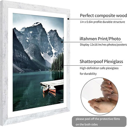 iRahmen 18x24 Picture Frame Set of 2 with Plexiglass, Distressed White Wood Poster Frame Display Picture 16x20 with Mat or 18 x 24 Without Mat for Photo Gallery Wall Mounting