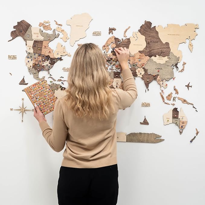 Enjoy The Wood 3D Wooden World Map Wall Art - Large Travel Map with Pins for Art Decor - Decorative Map of the World for Home, Office - Travel Wall Art Housewarming Gift Idea (Smokey, L, Unframed)