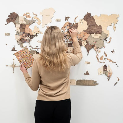 Enjoy The Wood 3D Wooden World Map Wall Art - Large Travel Map with Pins for Art Decor - Decorative Map of the World for Home, Office - Travel Wall Art Housewarming Gift Idea (Smokey, 3XL, Unframed)