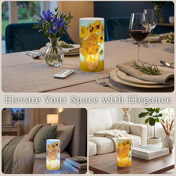 Lavish Home LED Candle with Remote - Van Gogh Sunflowers Battery Operated Candle with Realistic Flickering Light - Flameless Candles for Home Décor, 6"