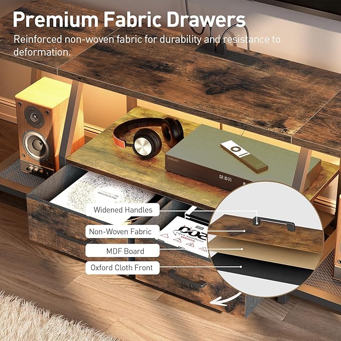 RALGEND LED TV Stand for 75 Inch TV, Entertainment Center with Open Shelves and Power Outlets, TV Console Table with Fabric Drawers, Media Console for Living Room, Bedroom, Rustic Brown and Black