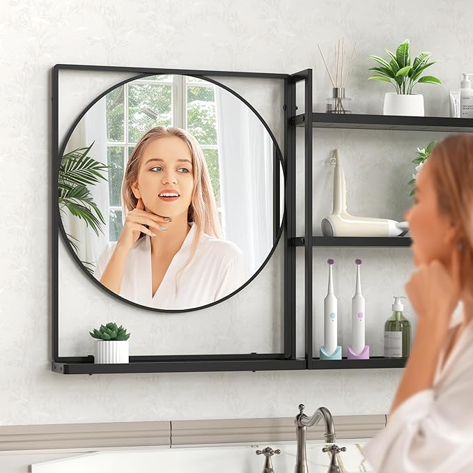 Black Metal Framed Bathroom Mirror with Shelf, 40" X 24.4" Rectangular Wall Mounted Bathroom Vanity Mirror, Modern Bathroom Mirror with Storage for Over Sink, Entryway