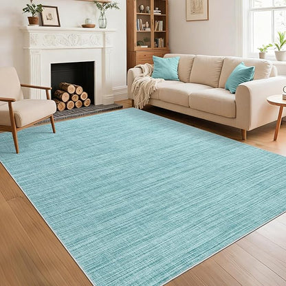 Washable Area Rug 8x10 for Living Room Bedroom Non Slip Minimalist Solid Color Area Rugs Modern Abstract Plain Dining Room Throw Carpet Low Pile Soft Classic Boho Rugs for Kitchen Nursery Oiifce, Blue