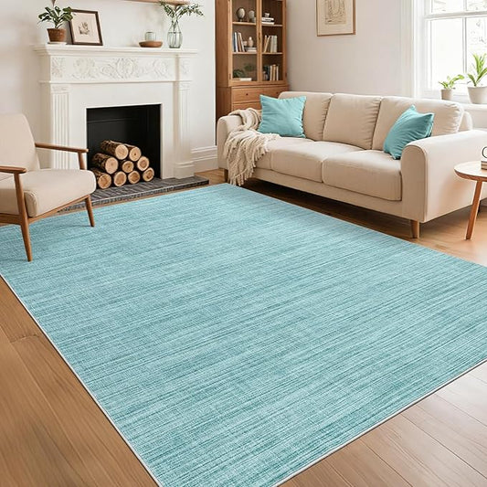 Modern Solid Color Area Rug 10x13 Large Living Room Area Rug Washable Abstract Bedroom Rugs Non Slip Boho Dining Room Throw Carpet Soft Stain Resistant Minimalist Rugs for Nursery Home Office, Blue