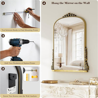 24x32 inch Arched Bathroom Mirror - Wall Vanity Mirror with Beautiful Retro Top and Bottom Engraving Process Frame, for Entryway, Fireplace, Living Room, Hallway or Wall Decor (Upgrade Tempered Glass)