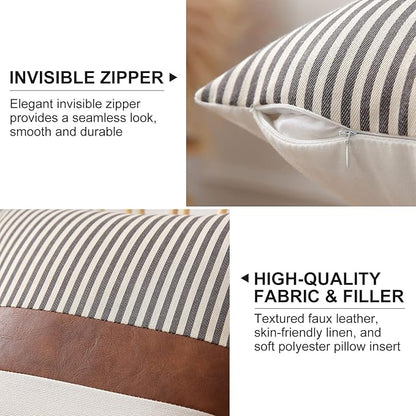 Mecatny Set of 2 Faux Leather Throw Pillows 18x18 with Inserts, Boho Striped Farmhouse Outdoor Pillows, Decorative Accent Cushions for Couch, Patio & Living Room, Grey