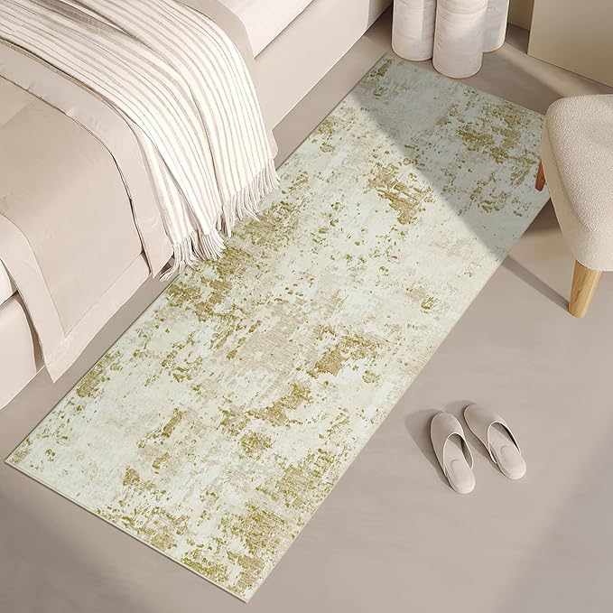 ROYHOME Modern Abstract Runner Rug 2x5 Washable Non Slip Stain Resistant Rug for Bedroom Living Room Non Shedding Low Pile Indoor Floor Cover,Golden Grey