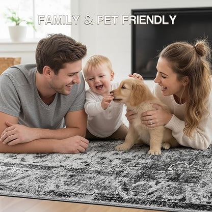YOH Boho Washable Rug 8x10, Black Vintage Non Slip Area Rug, Distressed Indoor Carpet for Living Room Bedroom Kitchen Office