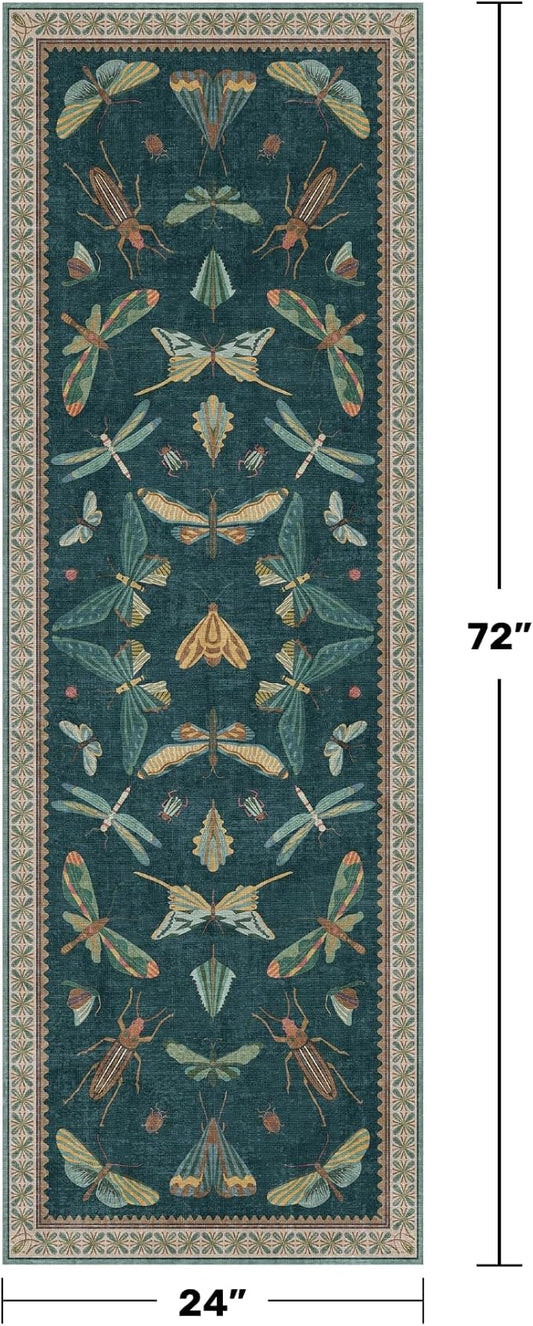 Hazo Haus Brown and Green Kitchen Sink Runner Rug 2x6 - Teal Boho Bathroom Rugs for Entrance Indoor, Insect Print Floral Vintage, Washable Non Skid Stain Resistant