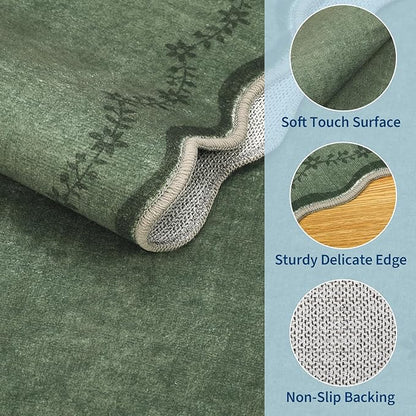 GarveeHome Round Area Rugs 5ft for Bedroom, Solid Dark Green Washable Circle Rug Soft Non Slip Floral Print Floor Mat Carpet Indoor Thin Rug for Kids Room Dining Room Playroom Nursery