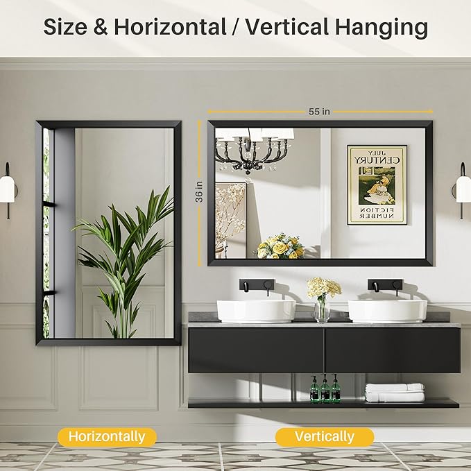 Briivue 55x36 Inch Black Bathroom Mirror for Wall, Thick Metal Framed Rectangle Mirrors for Over Sink, Bedroom, Living Room, Entryway, Anti-Rust, HD Tempered Glass