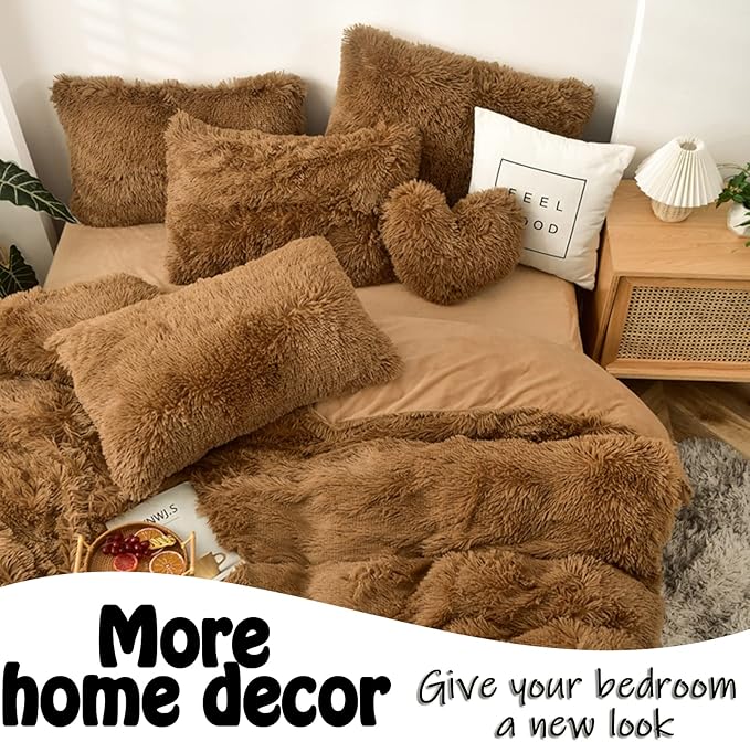 MorroMorn Fluffy Heart Throw Pillows, Shaggy Decorative Pillow for Sofa Couch Bed, Cute Room Decor Decorations for Women Girls Kids (Brown)