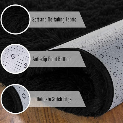Andecor Soft Fluffy Bedroom Rugs, 8 x 10 Feet Indoor Shaggy Plush Area Rug for Boys Girls Kids Baby College Dorm Living Room Home Decor Floor Carpet, Black