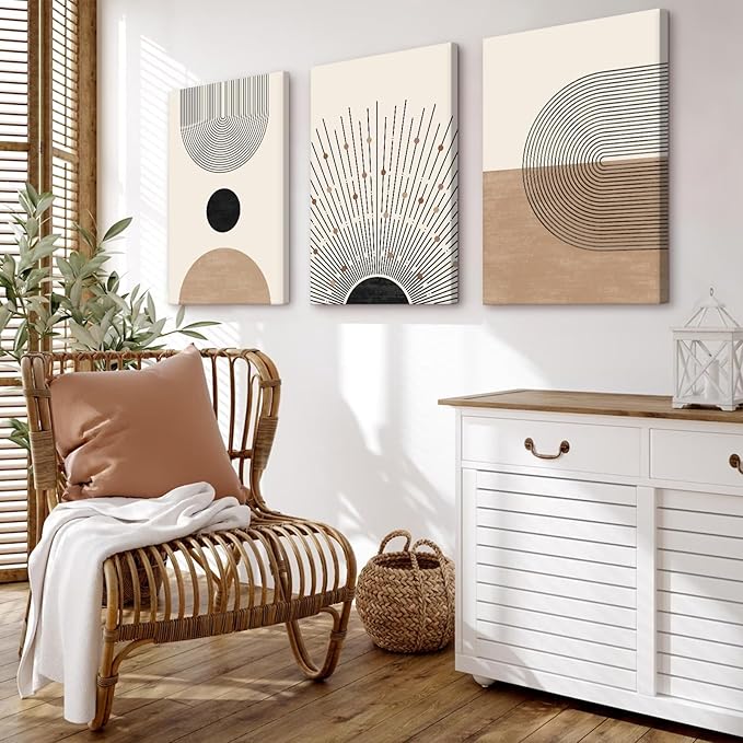 Mid Century Modern Wall Art Set of 3 Neutral Boho Art Prints Abstract Geometric Wall Art Picture Black Beige Terracotta Minimalist Painting Canvas Artwork for Living Room Bedroom 16x24 Inch Wrapped Canvas