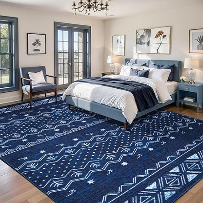 SERISSA 9x12 Area Rugs for Living Room, Washable Non-Slip Blue and White Boho Rug, Soft Low-Pile Geometric Indoor Large Carpet for Dining Room Bedroom Home Office Playroom