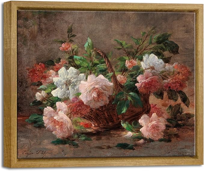 Pyradecor Vintage Wall Decor Retro Framed Canvas Wall Art A Basket with Roses Classical Floral Painting for Living Room Bedroom Farmhouse Decorations