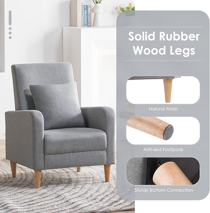 COLAMY Mid-Century Modern Upholstered Accent Chair with Back Pillow & Solid Wood Legs, Fabric Cozy Armchair for Living Room, Bedroom, Reading Nook, Apartment & Small Spaces, Lightgrey