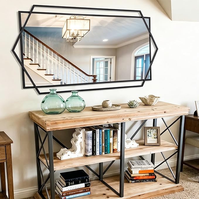 24"x47" Large Wall Mirror for Decor, Living Room Decoraive Wall Mirror with Metal Frame, Unique Black Bathroom Mirror Vertical or Horizontal Hanging