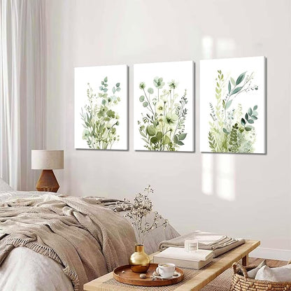 Boho Floral Canvas Wall Art Set of 3, Sage Green Wildflower Botanical Wall Decor Painting, Minimalist Watercolor Flowers Posters Prints for Bedroom Bathroom Living Room 12x16 In Framed