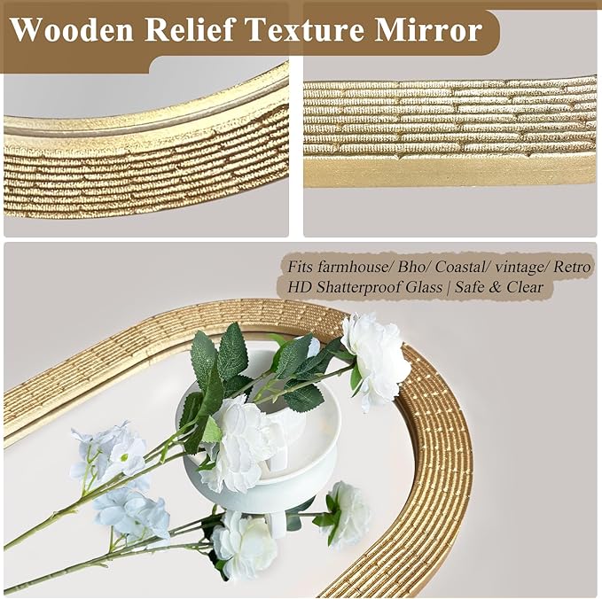WAMIRRO Gold Round Wood Wall Mount Mirror, 24 Inch Hand Carved Solid Wood Frame Circle Mirror, Farmhouse Boho Decor for Living Room, Bathroom, Bedroom, Hallway & Entryway