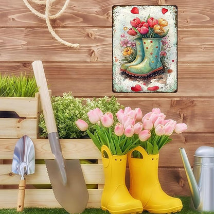 Garden Vintage Metal Sign Watercolor Flower Shoes Wall Art Rustic Metal Plaque for Home Yard Gate Garage Garden Decoration 12x16inch