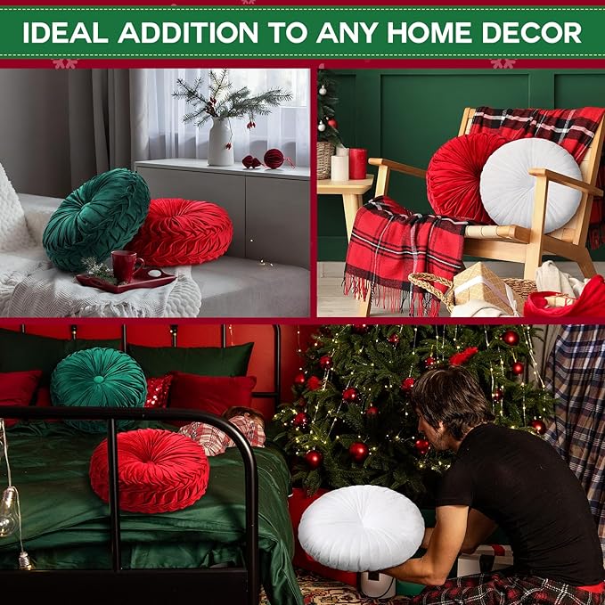 Beeveer 3 Pcs Round Throw Velvet Pillows Classy Accent Pumpkin Throw Pillows 15 Inch Decorative Cushion for Couch Chair Bed Car, 2 Styles(Red, Green, White)