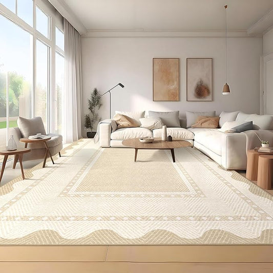 GarveeHome Modern Neutral 9x12 Area Rug Large Washable Rugs for Living Room, Low Pile Non Slip Stain-Resistant Soft Carpet, Contemporary Border Pattern Floor Mats for Home Decor, Beige