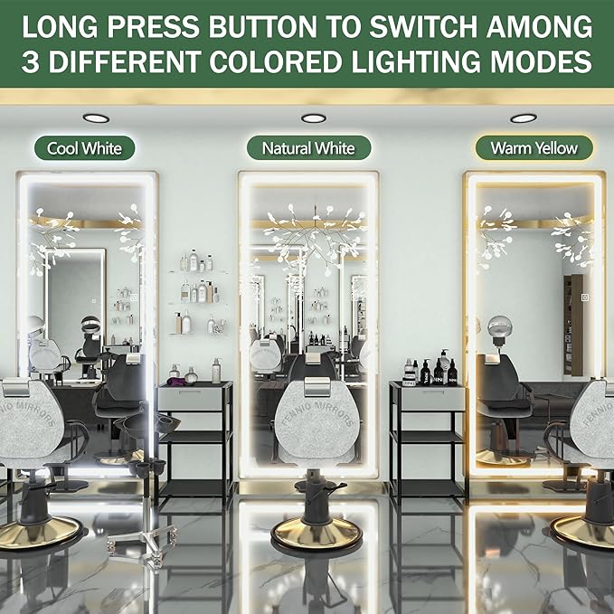 FENNIO Full Length Mirror with Lights, 70" x 32" LED Full Body Mirror, Free Standing Lighted Floor Mirror, Wall Mounted Hanging Mirror with Lights for Bedroom, Salon, Brushed Aluminum Frame, Gold