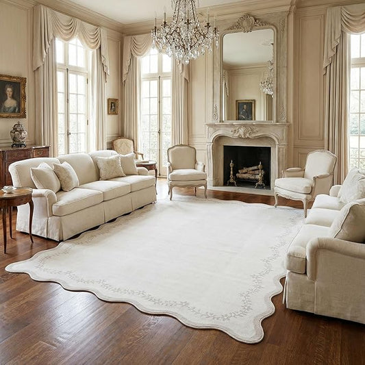 GarveeHome 5x7 Scalloped Area Rug Beige Neutral Washable Rugs for Living Room Bedroom, Soft Low Pile Non Slip Accent Floor Mat Solid Floral Print Throw Rug Farmhouse Indoor Carpet for Dorm Playroom