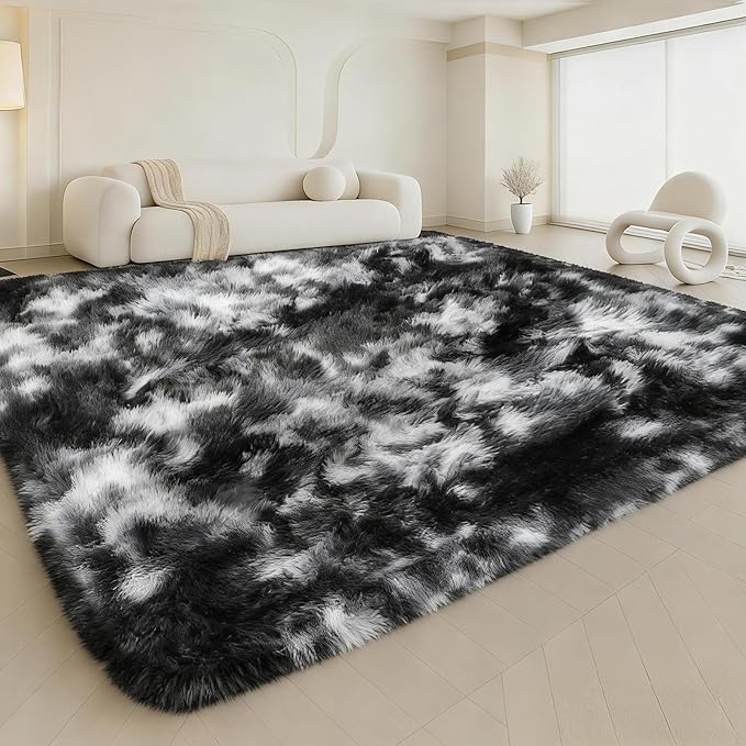 Large 9x12 Area Rug for Living Room, Soft Shag Rugs for Bedroom, Non-Slip Ultra Fluffy Rug,Modern Plush Carpet for Girls Boys Kids Room Dorm,Fuzzy Rug,Black White Grey