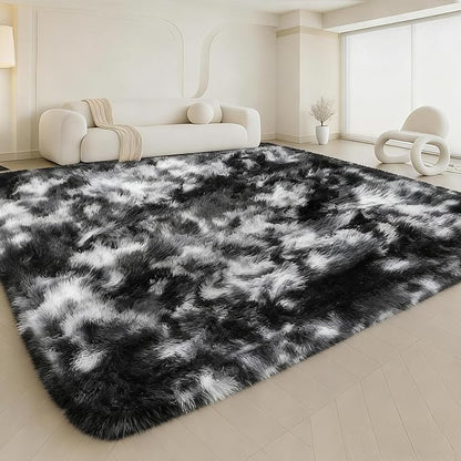 Large 9x12 Area Rug for Living Room, Soft Shag Rugs for Bedroom, Non-Slip Ultra Fluffy Rug,Modern Plush Carpet for Girls Boys Kids Room Dorm,Fuzzy Rug,Black White Grey