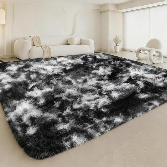 Large 9x12 Area Rug for Living Room, Soft Shag Rugs for Bedroom, Non-Slip Ultra Fluffy Rug,Modern Plush Carpet for Girls Boys Kids Room Dorm,Fuzzy Rug,Black White Grey