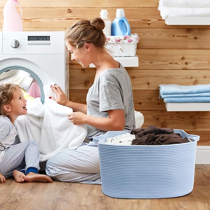 XUANGUO Large Cotton Rope Storage Basket for Blankets, 22" x 17" x 12" Rectangle Woven Basket Bin for Living Room, Nursery, Kids & Dog Toys, Laundry basket for Clothes & Towels, Blue