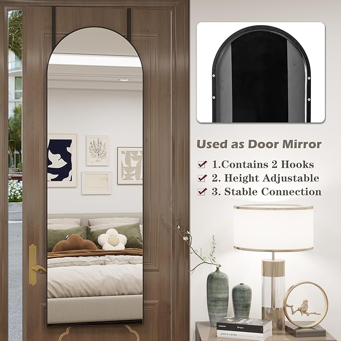 Dewfig Door Mirror with Stand, Arched Full Length Mirrors Over The Door, 16"x 50" Hanging or Wall Mirror, Full Body Mirrors for Bedroom,Living Room,Black