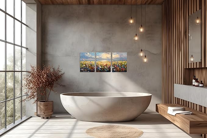 TutuBeer 3 Pcs Wildflower Field Artwork Rustic Wildflower Field at Beach Vintage Wall Art Canvas Prints Wild Flower Wall Art Rustic Style Kitchen Office Farmhouse Bathroom Decor 16x32inchx3