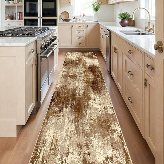 RELEANY Washable Area Rugs 2'x8' Non-Slip Modern Abstract Soft for Living Room Entryway Bedroom Nursery, Print Pattern, Brown Tan Beige Coffee