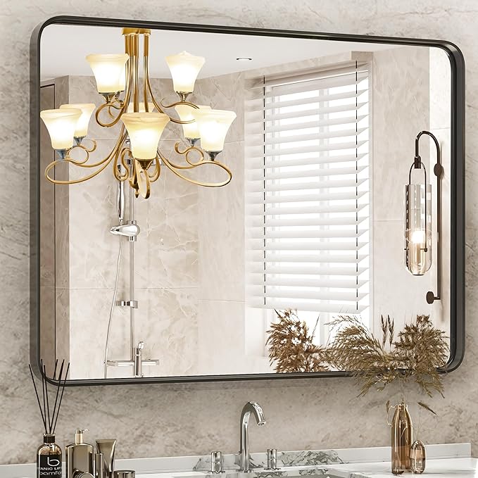 Sweetcrispy 30x40 Inch Black Bathroom Mirrors for Wall, Bathroom Mirrors for Over Sink, Rectangle Wall Decor for Entryway, Bedroom, Vanity,Anti-Rust, Horizontal or Vertical Hanging, Black