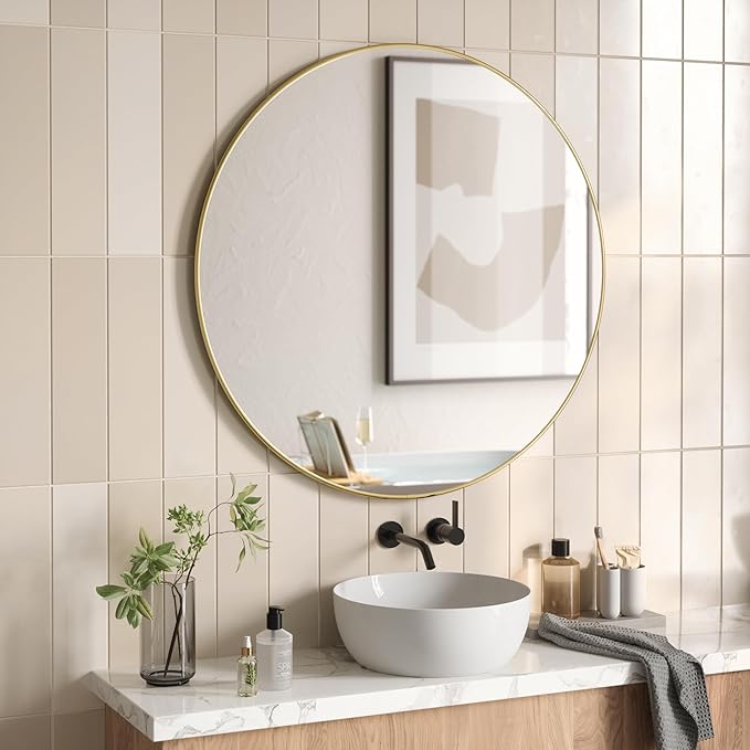 Umbra Hubba Round Wall Mirror with Metallic Frame, Modern Style for Bathroom, Entryway, Living Room and More, 34-Inch, Brass