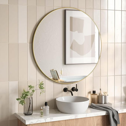 Umbra Hubba Round Wall Mirror with Metallic Frame, Modern Style for Bathroom, Entryway, Living Room and More, 34-Inch, Brass