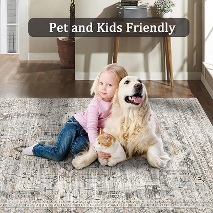 9x12 Washable Vintage Area Rug - Non-Slip Soft Rugs for Living Room Bedroom Dining Room, Stain Resistant Indoor Floor Mat for Home Decor (Beige/Brown, 9'x12')