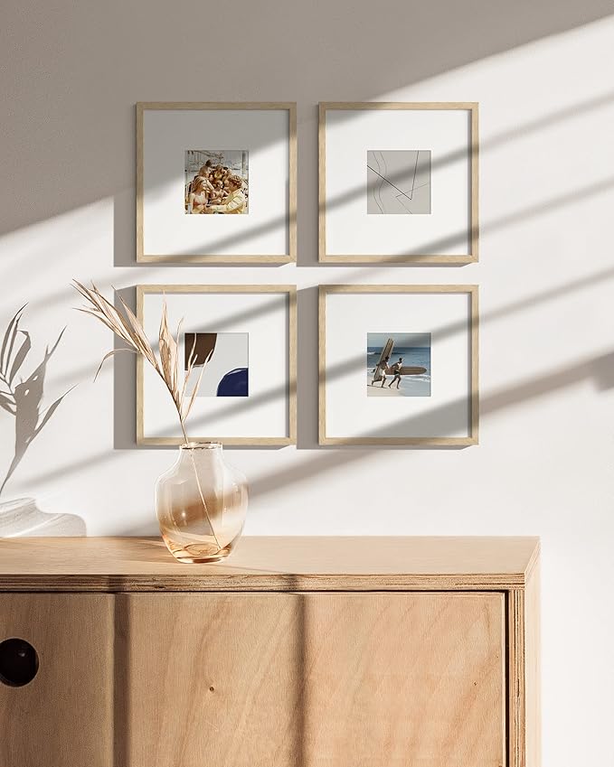HAUS AND HUES Beige Oak Wood 8x8 Picture Frames - Set of 4, Square Frames with Mat, Contemporary Frames for Photos (8x8 in, Beige, Set of 4)