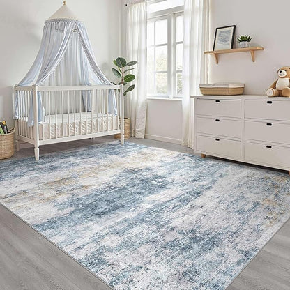 10x13 Area Rug Living Room: Washable Large Neutral Rug Abstract Soft Modern Stain Resistant Indoor Floor Non-Slip Carpet for Bedroom Nursery Kids Office Playroom Dining Room Under Table- Blue Gold