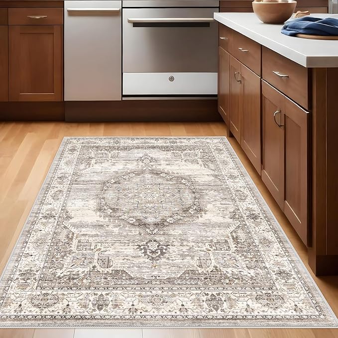 Washable Area Rugs 3x4 Entryway: Soft Ultra Thin Low Pile Mat Machine Washable Indoor Doormat Lightweight Entry Rug Anti Slip Backing Rugs for Living Room Bedroom Kitchen 3'x4' Beige