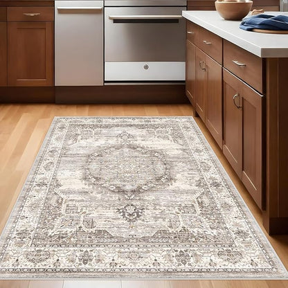 Washable Area Rugs 3x4 Entryway: Soft Ultra Thin Low Pile Mat Machine Washable Indoor Doormat Lightweight Entry Rug Anti Slip Backing Rugs for Living Room Bedroom Kitchen 3'x4' Beige