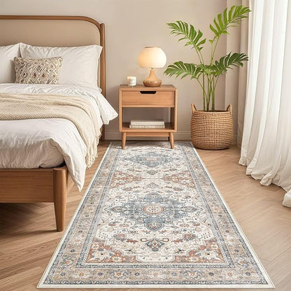 Runner Rug Kitchen Washable Rugs: 2x5 Non-Slip Boho Vintage Distressed Stain Resistant Indoor Neutral Farmhouse Throw Carpet for Hallway Bathroom Laundry Room Entryway Bedroom- Beige Blue