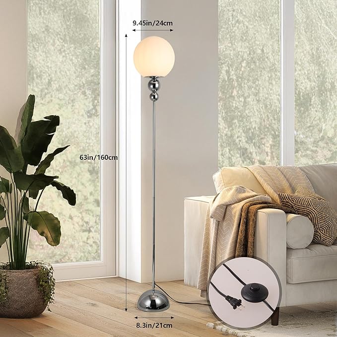 DEC LUCE DECOLUCE LIGHTING Modern Floor Lamps for Living Room, Globe Glass Shade Floor lamp for Bedroom, Standing lamp for Office, Corner(Chrome)